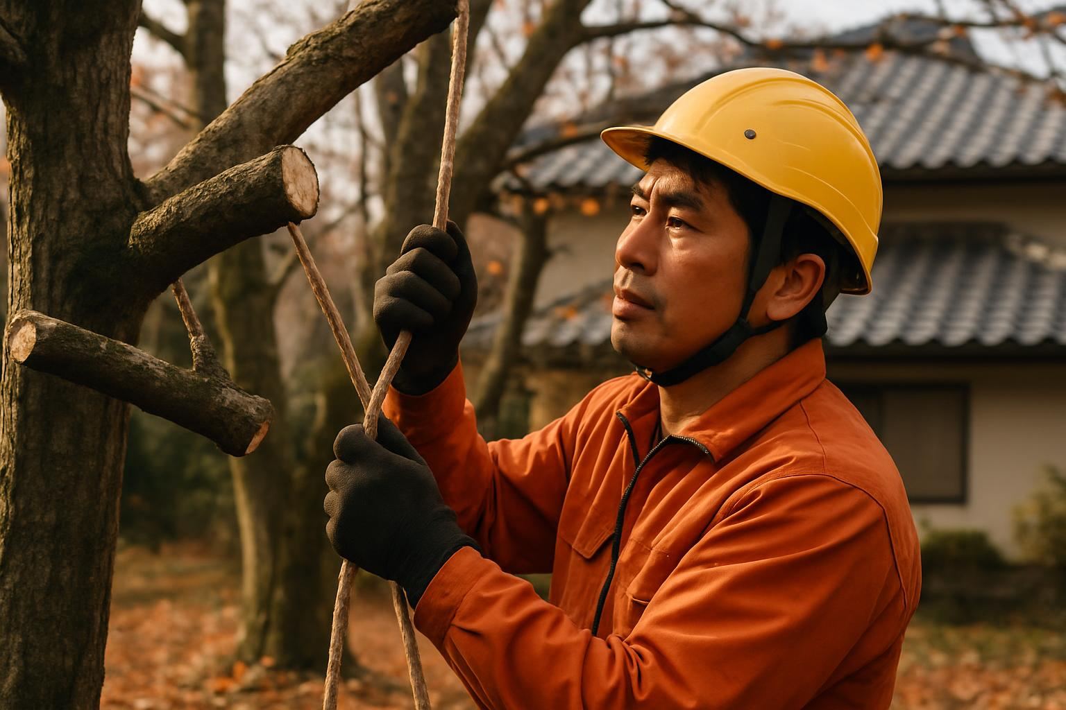 落葉期に庭木の特殊伐採作業を行う職人