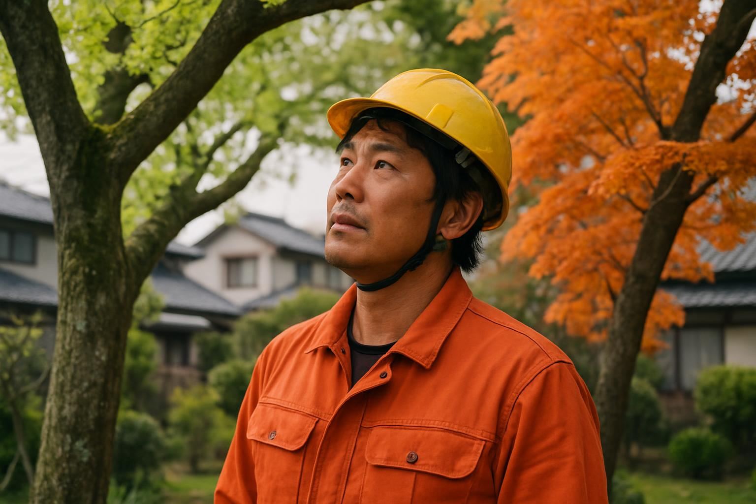 季節ごとの庭木の様子を確認する特殊伐採の職人