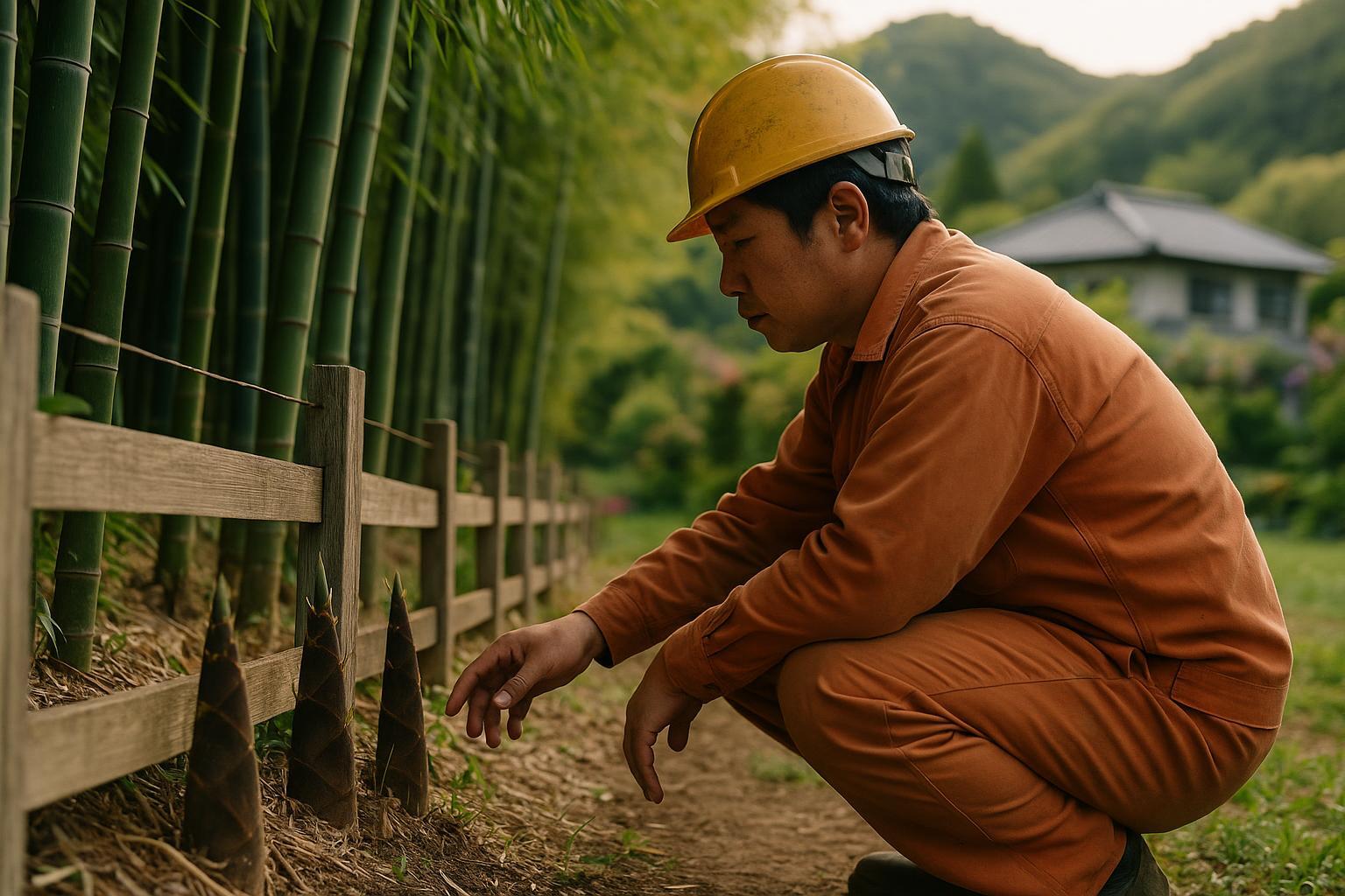 竹林と敷地境界のフェンス付近でタケノコを確認する職人