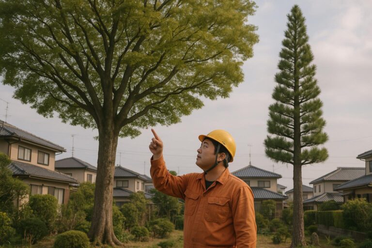ケヤキとマツの樹形の違いを説明する特殊伐採の職人